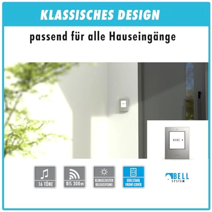 m-e Funkklingel BELL-571, kabellose Edelstahl gebürstete Türklingel mit Sender und Empfänger, 300 Meter Reichweite, 16 Klingeltöne, spritzwassergeschützt IP44 – Bild 4
