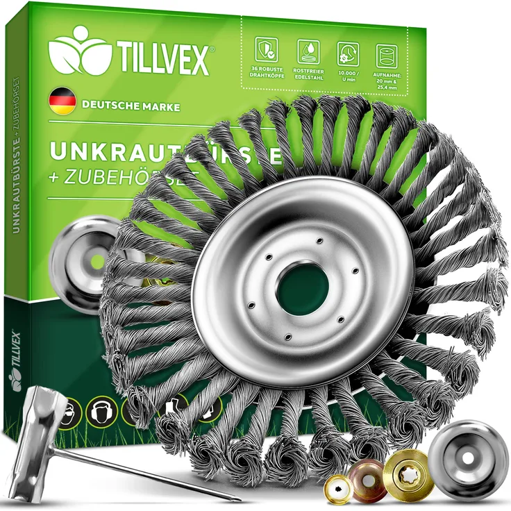 tillvex Benzin-Rasentrimmer tillvex® Unkrautbürste Wildkrautbürste Motorsense Freischneider, (Packung) - Profi Unkrautbürste für Freischneider mit 36 Stahldrahtbürsten, hitzebeständig und langlebig, inkl. Montagezubehör