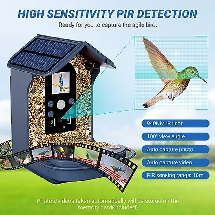 Bozily 1080P Vogelhaus mit Kamera, IP65 wasserdicht, PIR Infrarotsensor, Nacht- und Tagaufnahme, inkl. 32G SD-Karte, Kolibri-Futterautomat und Wasserspüle – Bild 2