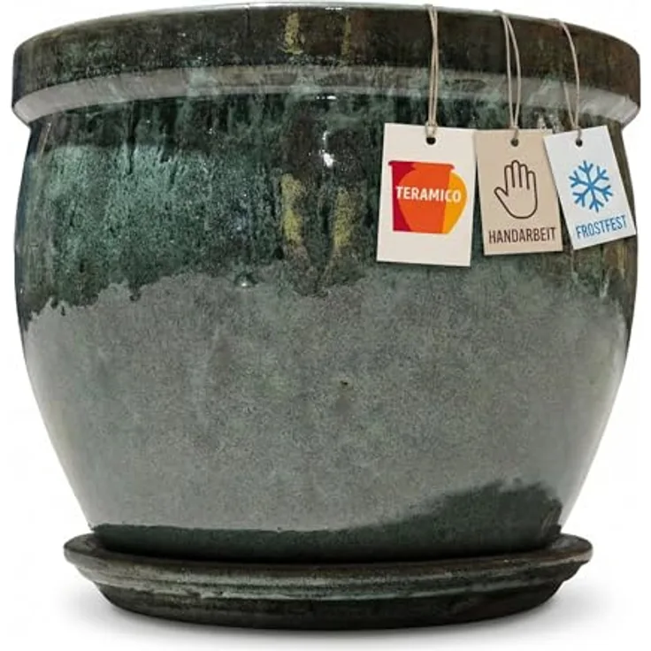 Teramico Blumenkübel Keramik mit Teller Ø 21cm, handgefertigter frostfester Pflanztopf aus Steinzeug für Innen & Außen – Moos Grün