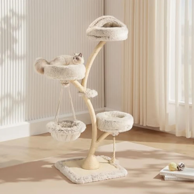 Fudajo Designer Kratzbaum mit Hängeliege, 3 Etagen, 59 x 59 x 169 cm, bis 15 kg, mit Sisal und Plüsch – Bild 2
