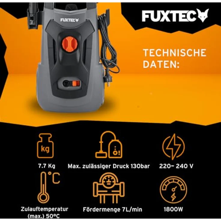 FUXTEC Hochdruckreiniger FX-HDR1800, kraftvoller 1800 Watt Motor, 130 bar Druck, benutzerfreundliche Features – Bild 3