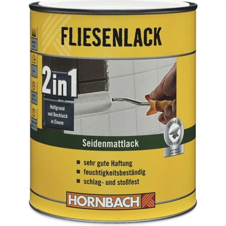 HORNBACH Fliesenlack 2in1 Weiß Seidenmatt 1 l – Lösemittelhaltig, hohe Deckkraft, für Bad & Küche geeignet