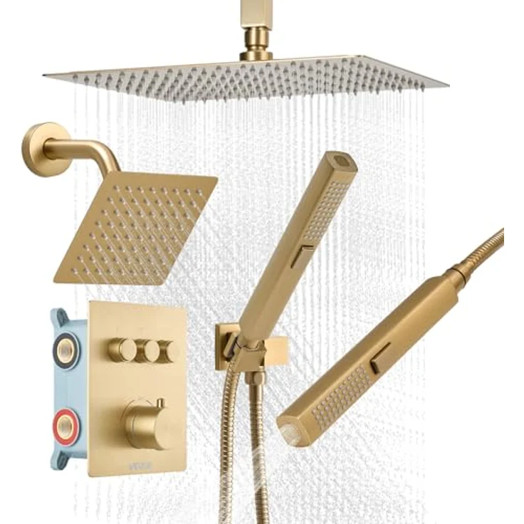 VEVOR Duschsystem-Set, 12 Zoll Regenduschsystem mit 6 Zoll Wandmontagekopf und 2 in 1 Handbrause, gebürstetes Gold, Verbrühungssicherer Thermostat, drehbarer Doppelregenkopf (3 Funktionen) – Bild 1