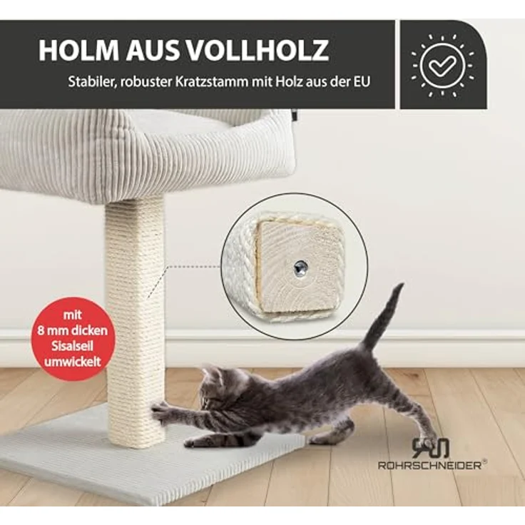 Rohrschneider Katzenbaum Wolly Made in Germany, breiter Kratzstamm mit Katzenbett Cordstoff in verschiedenen Farben – Bild 7