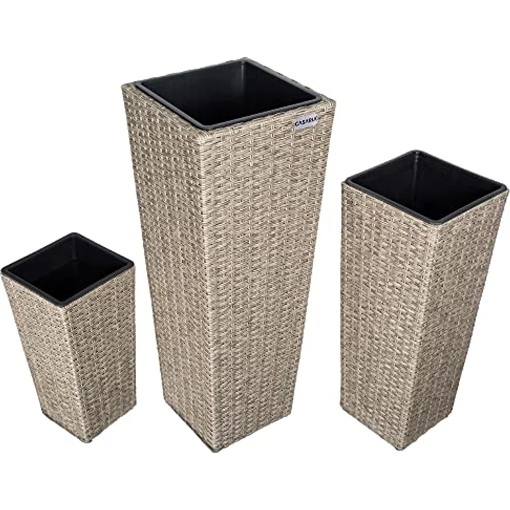 Casaria® Blumentopf 3er Set Polyrattangeflecht Übertopf Wasserabfluss Rattanoptik Outdoor Pflanzkübel Blumenkasten Creme – Bild 4