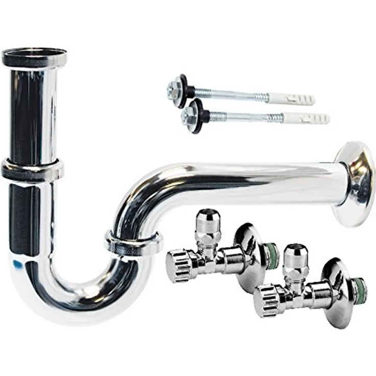 Sanitop-Wingenroth Installationsset für Waschbecken-Montage, mit Siphon Typ 1 ¼ '', 2 Eckventile Typ ½ '', mit Befestigungssatz, Waschtischbefestigung, verchromt, 223003