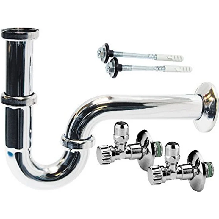 Sanitop-Wingenroth Installationsset für Waschbecken-Montage, mit Siphon Typ 1 ¼ '', 2 Eckventile Typ ½ '', mit Befestigungssatz, Waschtischbefestigung, verchromt, 223003 – Bild 1
