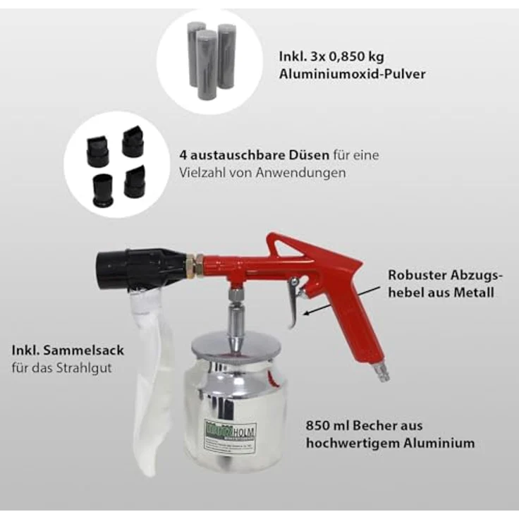 TrutzHolm® Druckluft Sandstrahlpistole Luftdruck Sandstrahlgerät 4 Düsen (Flächen- Punkt- Außenkanten- Innenkantendüse), 2,5kg Strahlmittel, 1x Auffangbeutel – Bild 3