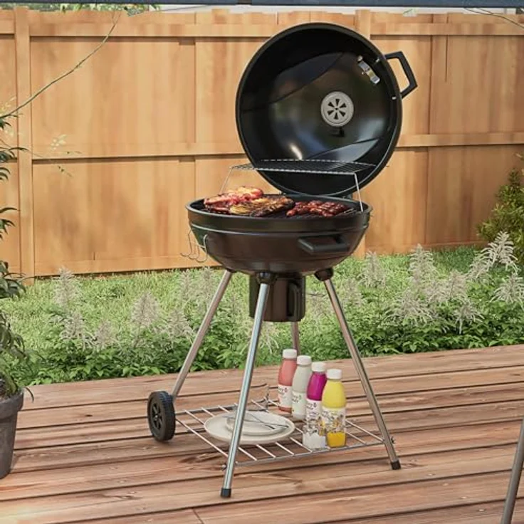 Outsunny Holzkohlegrill, Campinggrill mit Grillrost, Rädern, Ablage, Gartengrill mit Aschefänger, integriertem Thermometer für BBQ Metall Schwarz 55 x 65 x 89 cm – Bild 2