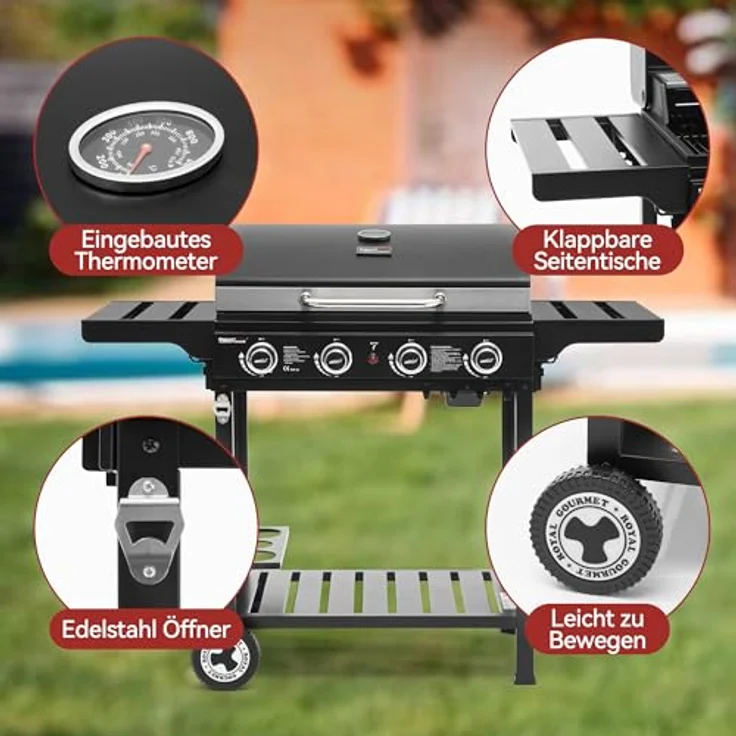 Royal Gourmet 4 Brenner Gas Grillwagen, 12 kW BBQ-Gasgrill mit Seitenablagen und Flascheregal, Schwarz – Bild 5