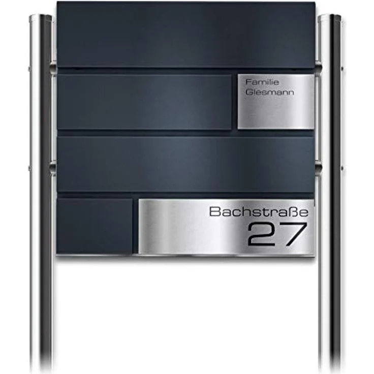 Metzler Standbriefkasten in Anthrazit Modell G - Pulverbeschichtung in RAL 7016 Feinstruktur Matt - Briefkasten mit Gravur, Edelstahl Namensschild & Ständer - Größe: 37 x 37 x 10,5 cm - Höhe 120 cm – Bild 1