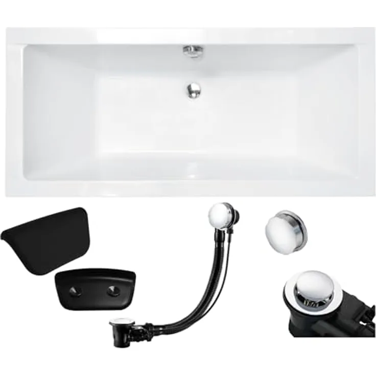 BAD LAND QUADRO 180x80, Rechteckige Badewanne aus Acryl in Weiß, Komplettset mit Kopfstütze, Füßen und chromfarbener Automatik Ablaufgarnitur, Made in EU