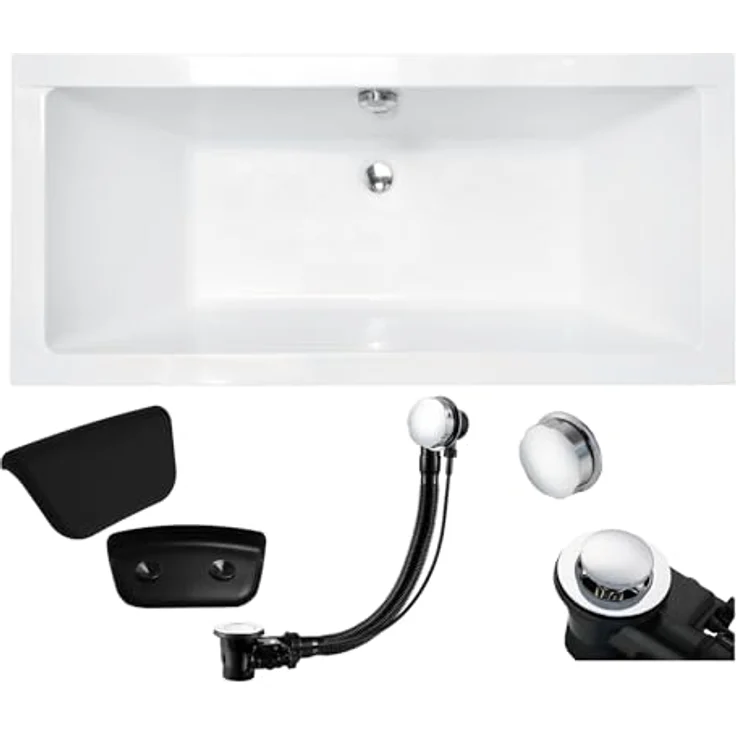 BAD LAND QUADRO 180x80, Rechteckige Badewanne aus Acryl in Weiß, Komplettset mit Kopfstütze, Füßen und chromfarbener Automatik Ablaufgarnitur, Made in EU – Bild 1