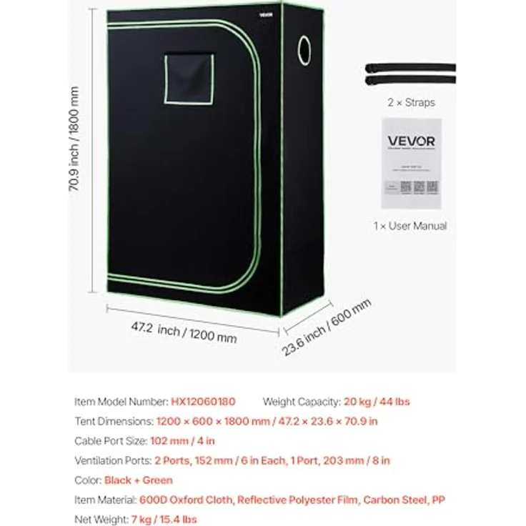 VEVOR Growzelt HX12060180, 120x60x180 cm Indoor-Pflanzenzelt aus 600D hochreflektierendem Mylar mit Beobachtungsfenster und Bodenwanne, für Obst, Blumen & Gemüse, Schwarz + Grün – Bild 7
