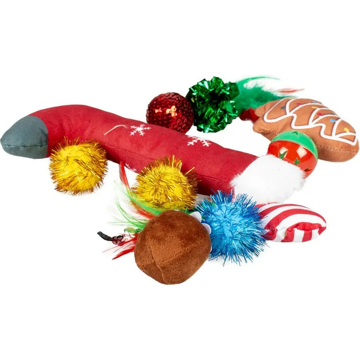 DUVO+ Tierkuscheltier Xmas Geschenktasche, Katzenspielzeug-Set mit 10 Spielzeugen und Katzenminze, ideal als Geschenk