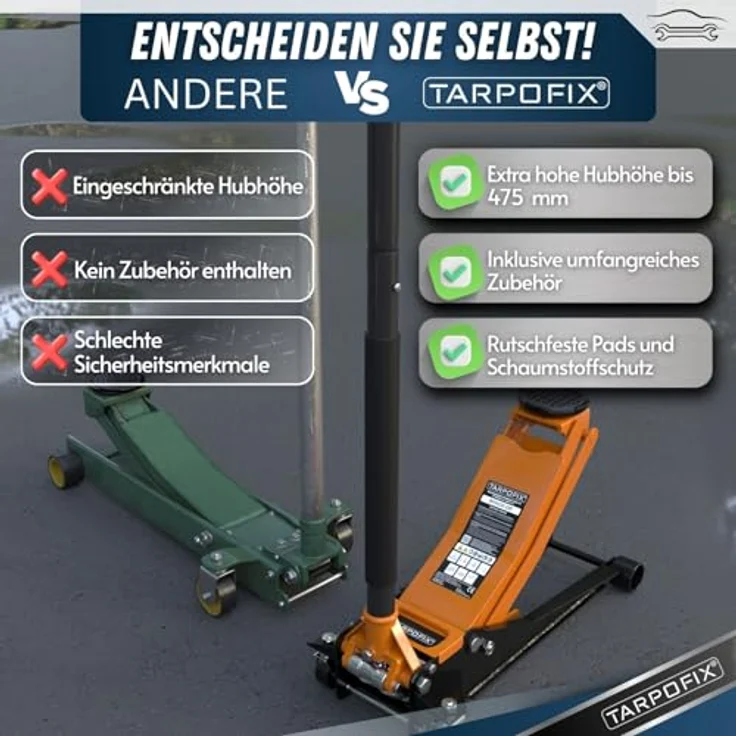 Tarpofix® Hydraulischer Wagenheber 3t mit Doppelzylinder, max. Hubhöhe: 50.5 cm, Robuster Hydraulikheber mit 75–505mm Hubhöhe – für SUVs & tiefe Autos – Bild 8