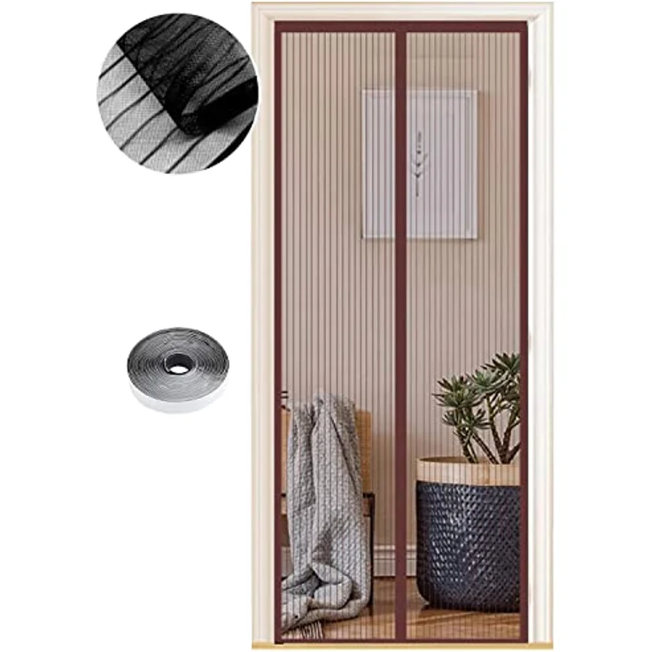 WENT Fliegengitter Tür Magnet Insektenschutz, 90 x 195 cm, braune Streifen, kinderleichte Klebemontage ohne Bohren, ideal für Balkontür und Terrassentür – Bild 1