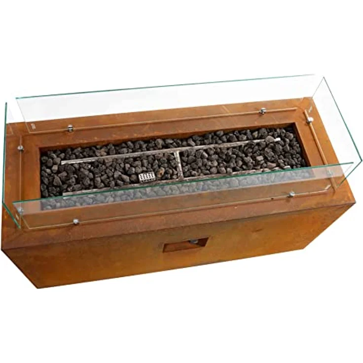 Intergrill Gasfeuerstelle Fire Pit | 125 x 50 x 81,5 cm | Feuerschale für Garten mit Lavasteinen und Glas | Cortenstahl Rostoptik – Bild 3