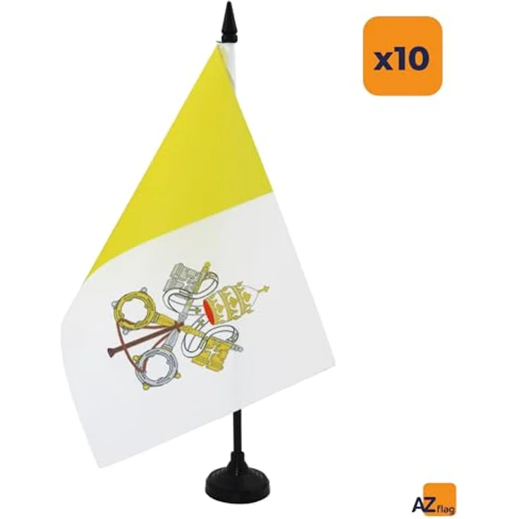 AZ FLAG Tischflaggen Set, 10 Stück Vatikanische Flagge, 21 x 14 cm aus 100% Polyester mit 25 cm Fahnenstange und schwarzem Kunststoffsockel – Bild 2