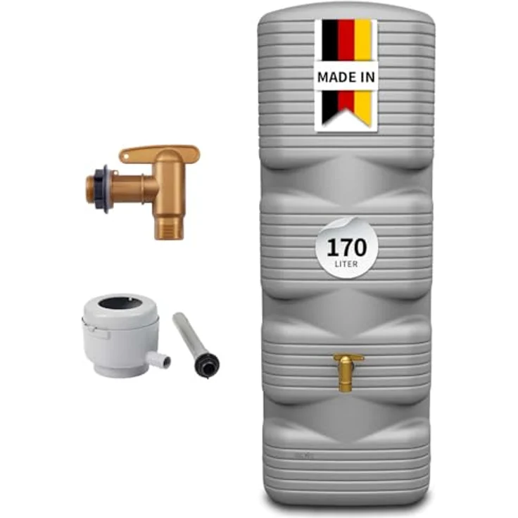 4rain Quadro Regentonne Komplett-Set 170 Liter betongrau - Effiziente Regenwassersammlung, schlanke Bauweise, langlebig und UV-beständig – Bild 1