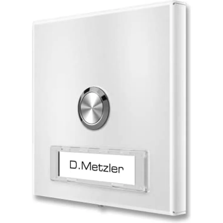 Metzler Funk-Türklingel Edelstahl V2A in RAL 9016 Verkehrsweiß - hohe Reichweite, flach, austauschbares Namensschild