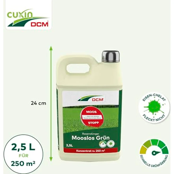 Cuxin DCM Mooslos Grün, flüssiger Rasendünger mit schneller Nährstoffversorgung für 250 qm, 2,5l – Bild 4
