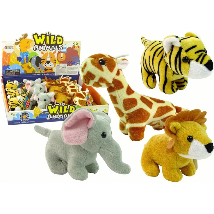 LEAN Toys Tierkuscheltier Plüschtiere Mini Stofftiere Tiere Spielzeug Tiger Giraffe Löwe Elefant, Set mit Quietscher