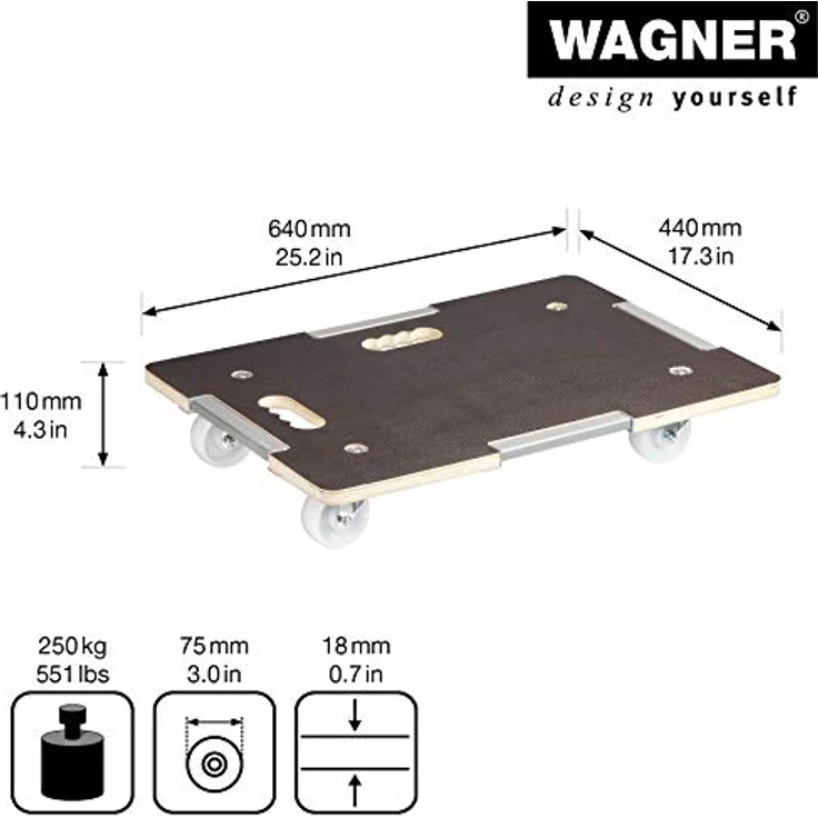 Transporthilfe MM 1381, 63 x 43 x 11 cm, harte Rollen 75 mm, Rollenlager, Sicherung, Platte FSC®, Tragkraft 250 kg – Bild 2