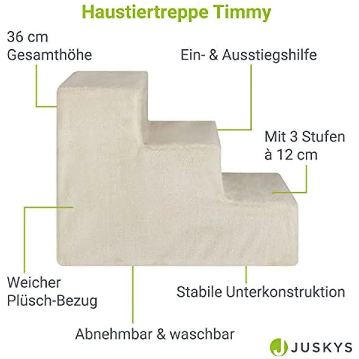 Juskys Haustiertreppe Hundetreppe 36 cm - Treppe 3 Stufen Plüsch-Bezug waschbar - Katzentreppe Hunderampe für Bett, Sofa, Couch und Auto - Bezug Beige – Bild 3
