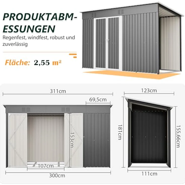 Thanaddo Metall Gerätehaus 311x123x181 cm, wetterfest mit Holzunterstand und Lüftungsgitter, grau – Bild 5