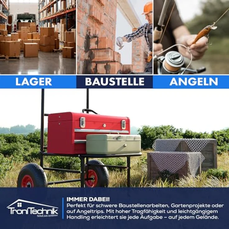 TroniTechnik Sackkarre Anglerkarre, klappbar mit Luftbereifung, rutschfester Transportfläche, Tragkraft 100 kg, wetterfest und geländetauglich, LxBxH 67x55x102 cm – Bild 4