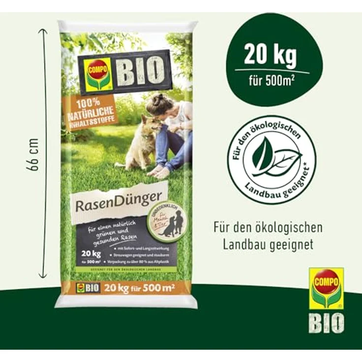 Compo Bio-Rasendünger 20 kg, 100% natürliche Inhaltsstoffe, für 500 m² Rasenfläche, staubarm und unbedenklich für Mensch und Tier – Bild 3
