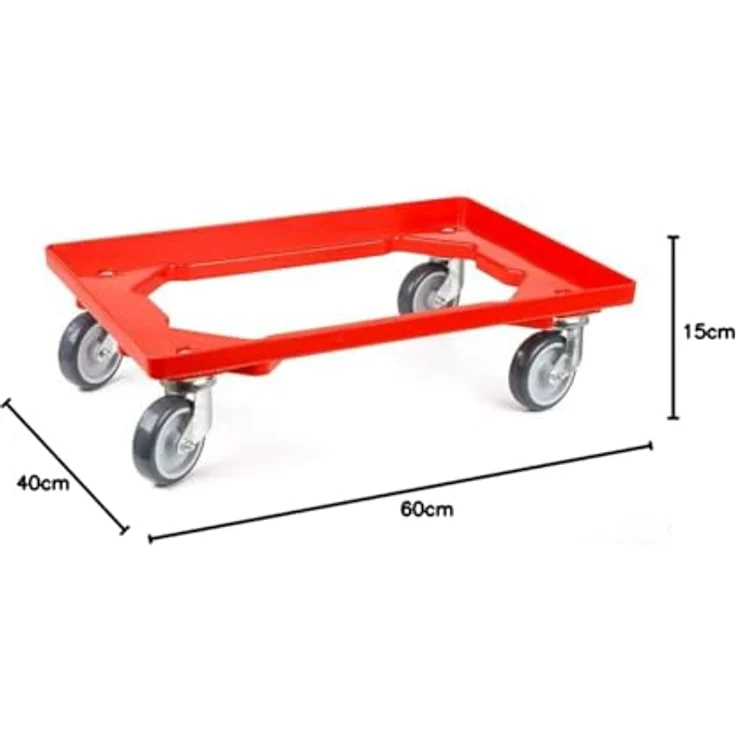 PROREGAL Transportroller, 2x mit Gummirädern rot, stabiler Transportwagen, HxBxT 15x60,7x40,7cm, offen, 2 Lenkrollen & 2 Bremsrollen – Bild 2