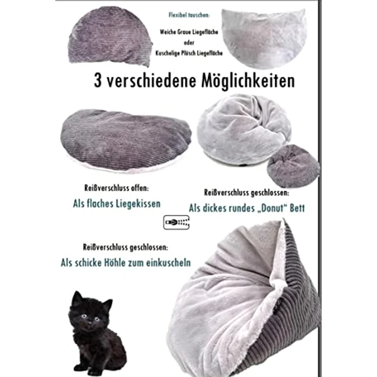 Lebon - Bella Katzenbett | Katzenhöhle | Katzenliegekissen | Kuschelweich mit 3 Funktionen| Cord-Optik & Plüsch | Ideal zum einkuscheln | Beidseitig verwendbar | Waschbar – Bild 5