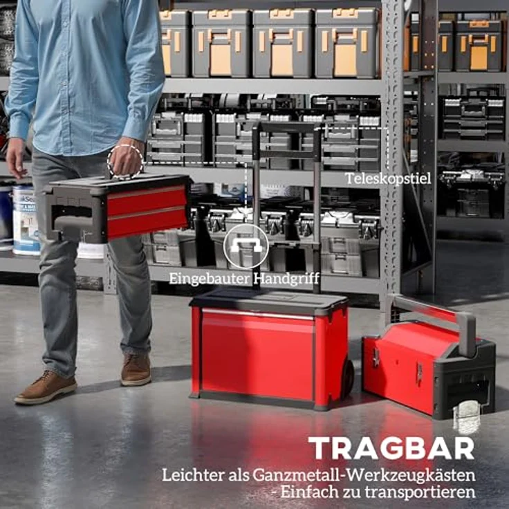 HOMCOM Werkzeugwagen, 3-teilig mit Koffer und teleskopischem Griff, modular, max. Traglast 45 kg, Rot – Bild 5