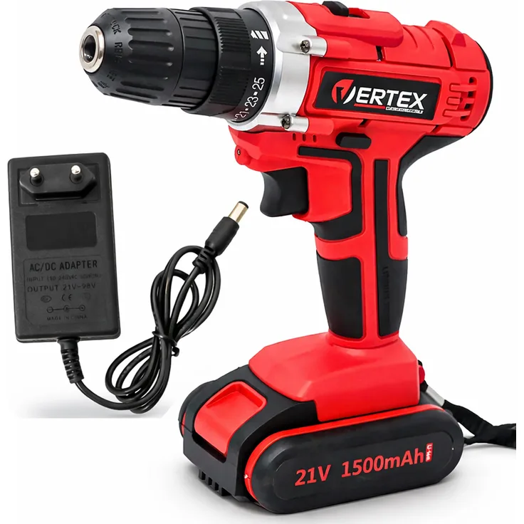 Vertex VERTEX Akku-Bohrschrauber 21V, 32 Nm, 2-Gang, mit Ladegerät und Akku, kompakt für Holz und Metall, 18+1 Drehmomentstufen, LED-Licht