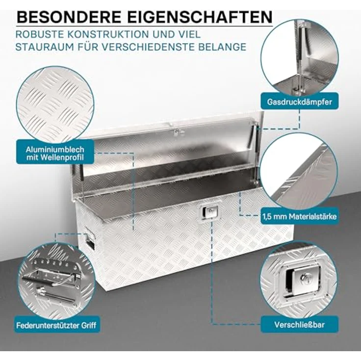 Wiltec Werkzeugbox Alu 124x37x38 cm, silberfarbene Deichsel- und Transportbox mit Schlüssel und Haltegriffen, robust und flexibel – Bild 2