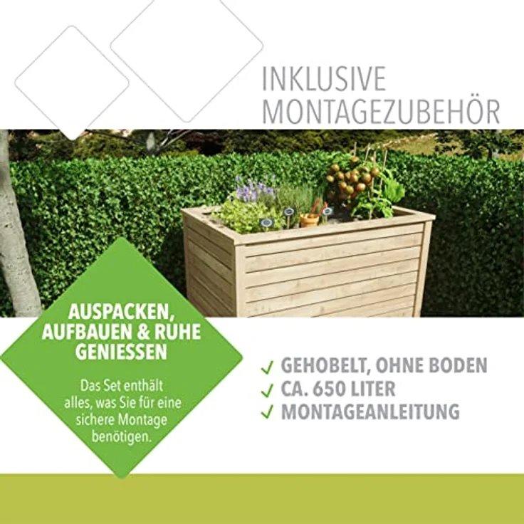 TETZNER & JENTZSCH VEIJLE-Hochbeet LÄRCHE 125 x 80 x 85 cm, 650l inkl. Folieneinsatz I Blumenkasten mit vorgefertigten Wandelementen für den Garten I Pflanzkübel groß außen aus Holz – Bild 4