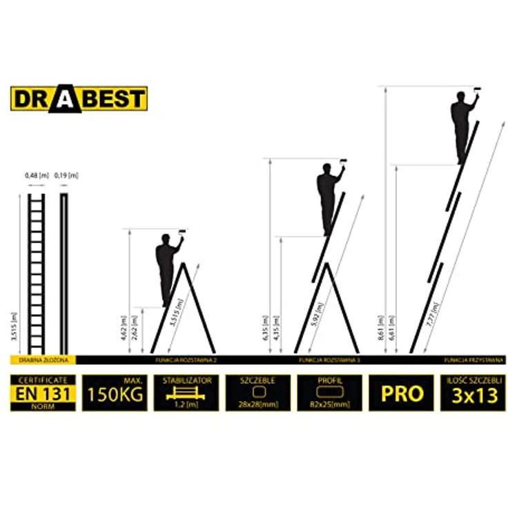 DRABEST Leiter PRO Serie Klappleiter 3-teilig Aluminium Vielzweckleiter 3x13 Sprossen Kombileiter Arbeitshöhe 8 m Belastbarkeit 150 kg Eimerhaken – Bild 4