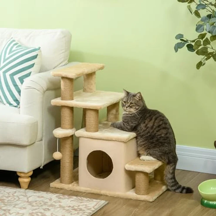 PawHut Haustiertreppe, 3/4-stufige höhenverstellbare Katzentreppe mit Schlafhöhle 2 in 1 praktische Hunderampe für kleine Hunde und Katzen Einstieghilfe für hohe Betten Sofa Beige 60 x 40 x 66 cm – Bild 2