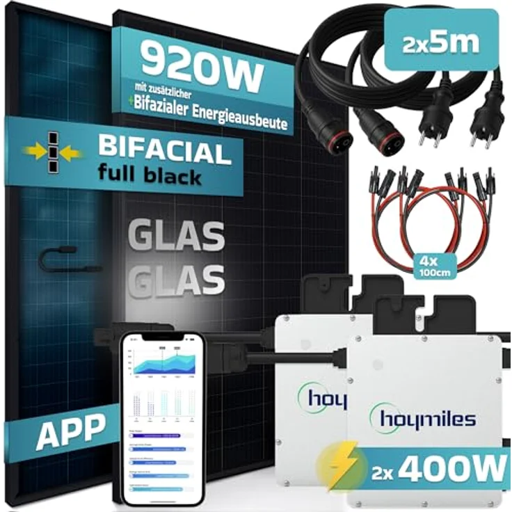 SUNNIVA® 920W Balkonkraftwerk BIFAZIAL FULLBLACK, Solaranlage Komplettset mit 2x 460W N-Type Glas-Glas Bifacial Modulen und 2x 400W Wechselrichtern, steckerfertig – Bild 4