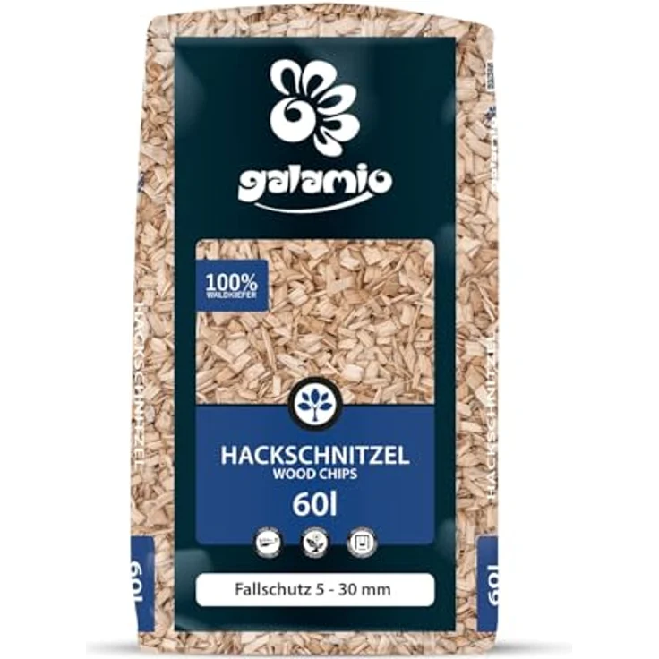 GALAMIO Holzhackschnitzel Mulch aus Kiefer (Pinus Sylvestris) für Garten, 5-30mm Körnung, 720l (12x60l Säcke) - naturbelassen, unkrauthemmend, stoßdämpfend für Spielplätze – Bild 2