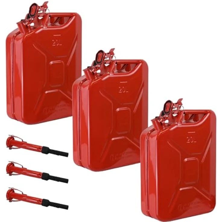 TRUTZHOLM 3x 20l Metallkanister, rot, inkl. flexibler Ausgießer und Halterung, für Benzin und Diesel, korrosionsbeständig – Bild 1
