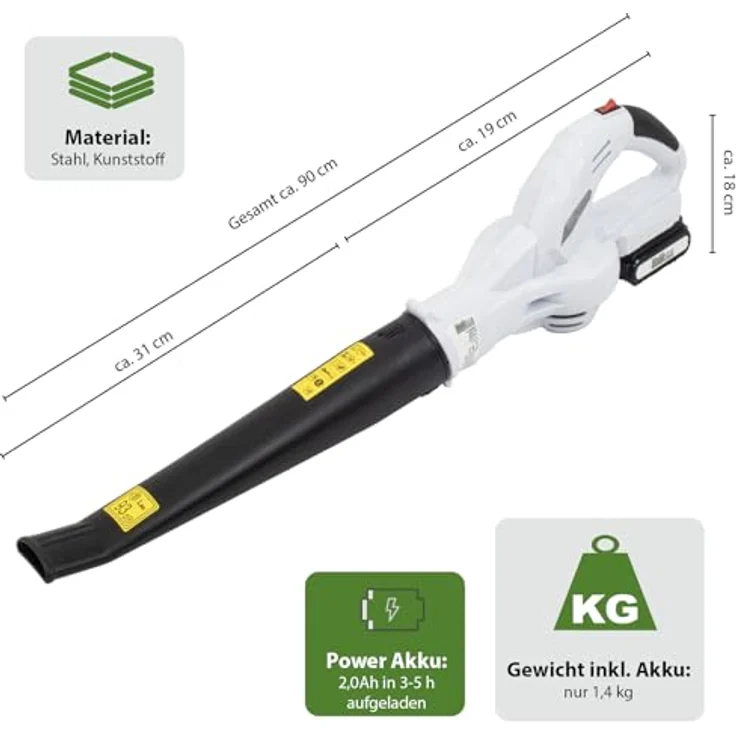 TRUTZHOLM Akku Laubbläser 20V, kabellos, mit 2000mAh Akku und Ladegerät, 40Min Laufzeit, ergonomischer Griff – Bild 2