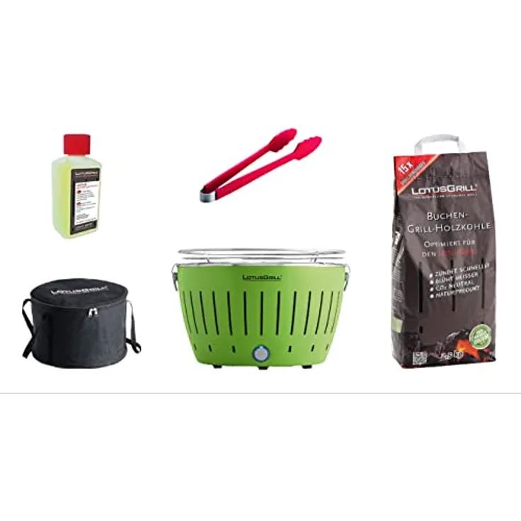 LotusGrill Starter-Set Classic 1x Grill Limettengrün USB-Anschluß, 1x Buchenholzkohle 2,5 kg, 1x Brennpaste 200ml, 1x Zange (Farbe nach Vorrat), 1x Transport-Tragetasche - der raucharme Holzkohlegrill