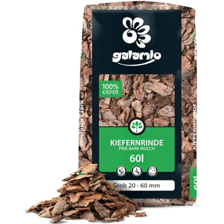 GALAMIO Kiefernrinde & Rindenmulch Grob (20-60mm), unbehandelt, 60l x 12 Sack Palette, natürlicher Bodendecker für Garten, Beet & Deko, trittsicher, pH 5,10, 720l gesamt – Bild 2