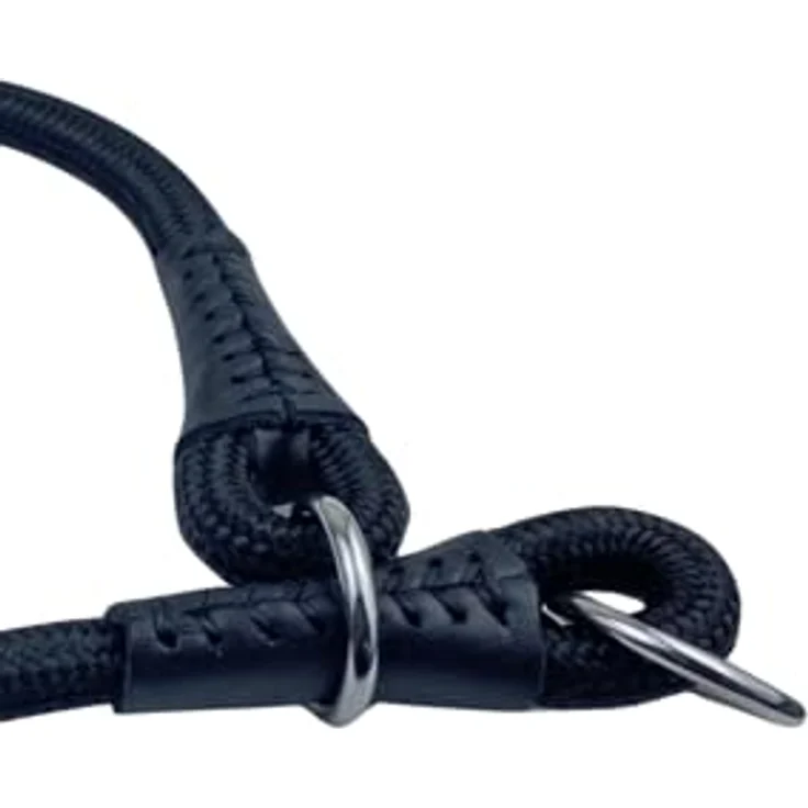 MediMuc Soft Cord Hundehalsband, Zugstopper, Nylon Halsung, schwarz, S - 45cm, robust, wetterfest, textilverstärkt, Leder-Endkappen – Bild 3