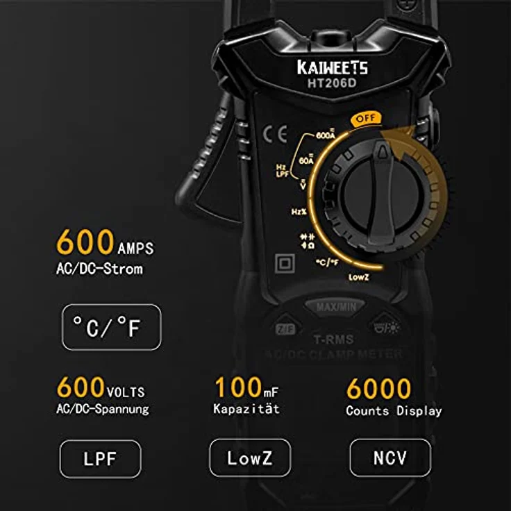 KAIWEETS HT206D Stromzange, Zangenmultimeter True-RMS 6000 Counts, AC/DC Strommessgerät bis 600A, Spannungsmessbereich bis 600V, mit ZERO-Funktion und NCV – Bild 2