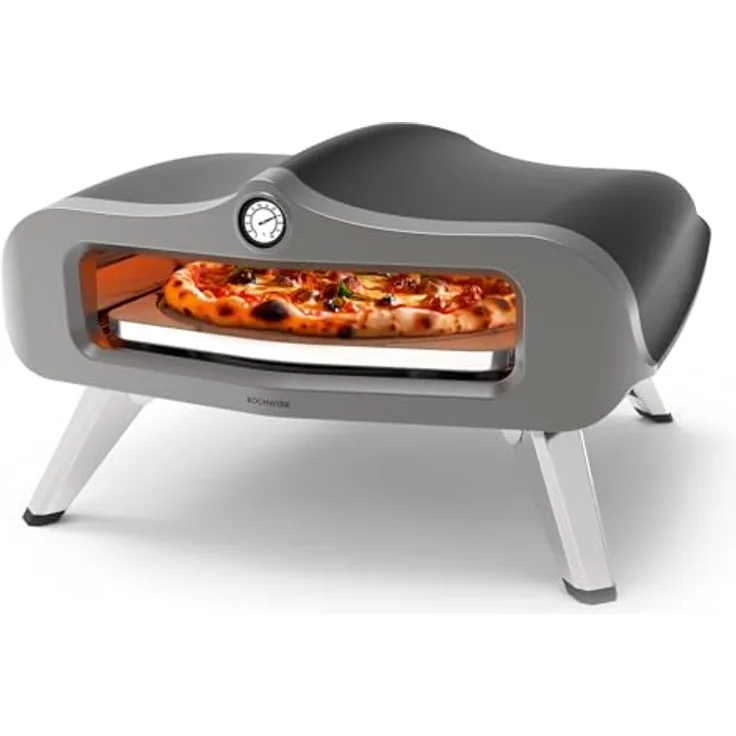 Rachs KOCHWERK Gas Pizza Ofen mit Thermometer, bis 450°C regelbar | Ø 34,5 cm – inklusive drehbaren Cordierit-Pizzastein | Mobiler, kompakter Pizzaofen für knusprige Pizza in nur 2 Minuten